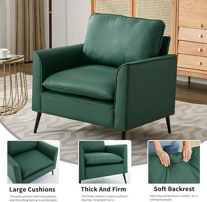 YISHENG Mid-Century Modern Living Room Accent Chairs Set of 2 - Oversized Faux Leather Armchairs with Removable Cushions & Metal Legs, Comfortable Sofas for Office/Lounge/Bedroom/Reception,Green