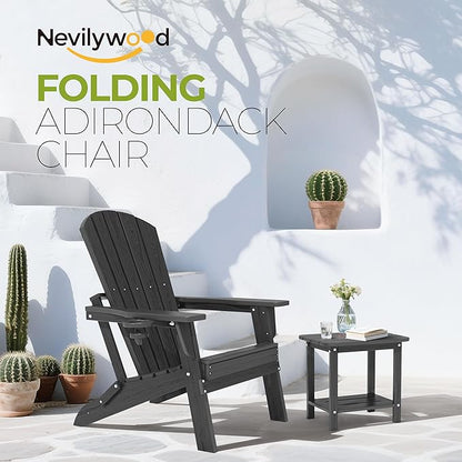 nevilywood Folding Adirondack Chair with Cup Holder Set of 4, HDPE Patio Chairs,All-Weather Outdoor Chairs for Backyard, Deck,Fire Pit-Black
