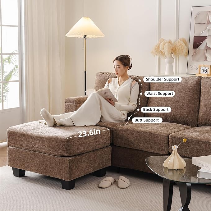 85'' L Shaped Couch with Armrest Organizer,3 Seats Sofas with Movable Ottoman,Comfy Sectional Sofa with Thick Cushion,Chenille Sectional Couches for Living Room,Bedroom,Apartment,Home Furniture,Brown