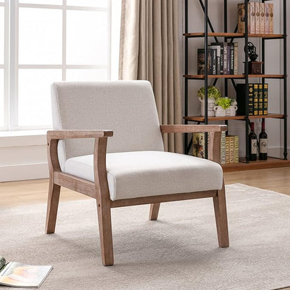 Mid Century Modern Accent Chair Set of 2, Linen Upholstered Living Room Accent Armchair with Wood Frame, Farmhouse Chair for Living Room Bedroom, Ivory