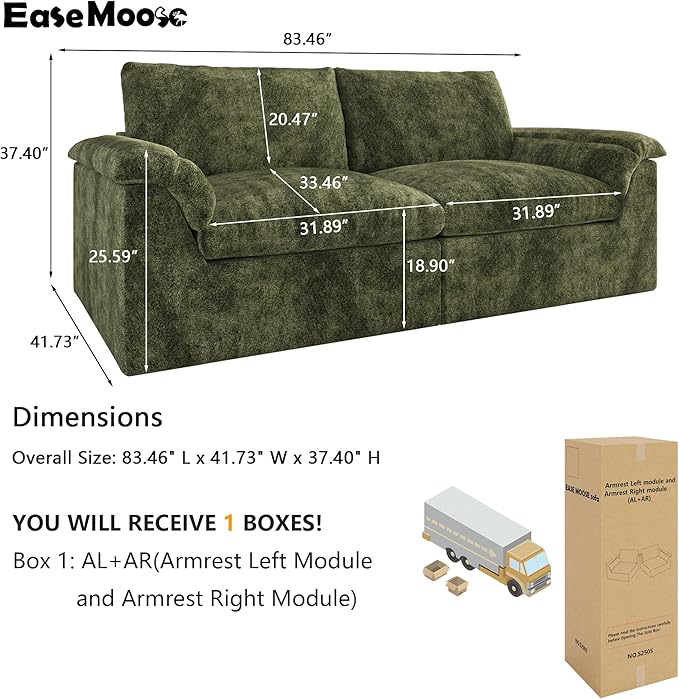 EASE MOOSE Oversized Boneless Couch for Living Room, Sectional Cloud Sofa, Modular Cloud Couch Loveseat, 2-Seater Deep Seat Sofas with Pillow for Bedroom Apartment, No Assembly, Chenille (Green)