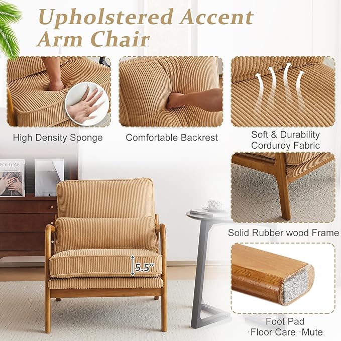 VINGLI Upgraded Premium Corduroy Accent Chair,Upholstered Arm Chair,Solid Wood Comfy Reading Chair with Lumbar Pillow, Mid Century Modern Chairs for Living Room,Bedroom,Guest Room,Khaki