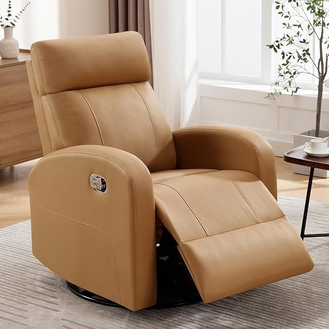 Swivel Rocker Recliner Chair, Manual Leather Recliner, Glider Rocking Recliner Chair 360°Swivel Nursery Reclining Chair for Living Room, Light Brown