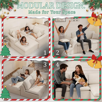 109.4" Cloud Couch with L-Shape Chaise, Boneless Sectional Couch for Living Room and Bedroom, Modern Modular Sofa with Deep Seat, No Assembly Required (Ivory White)