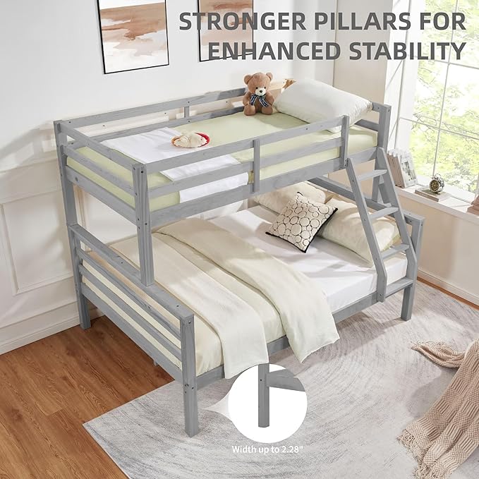 Softa Twin Over Full Bunk Bed with Thick Posts,Wooden Bunk Bed with High Guardrail and Ladder for Kids, Teens, Dorm Rooms, and Guest Rooms,No Box Spring Needed,Grey