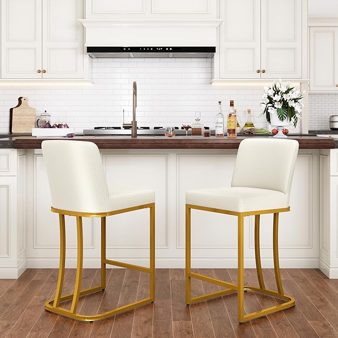 PHI VILLA White and Gold Bar Stools Set of 2, Faux Leather Counter Height Chairs, Kitchen Stools for Island, 24 Inch Barstools with Back
