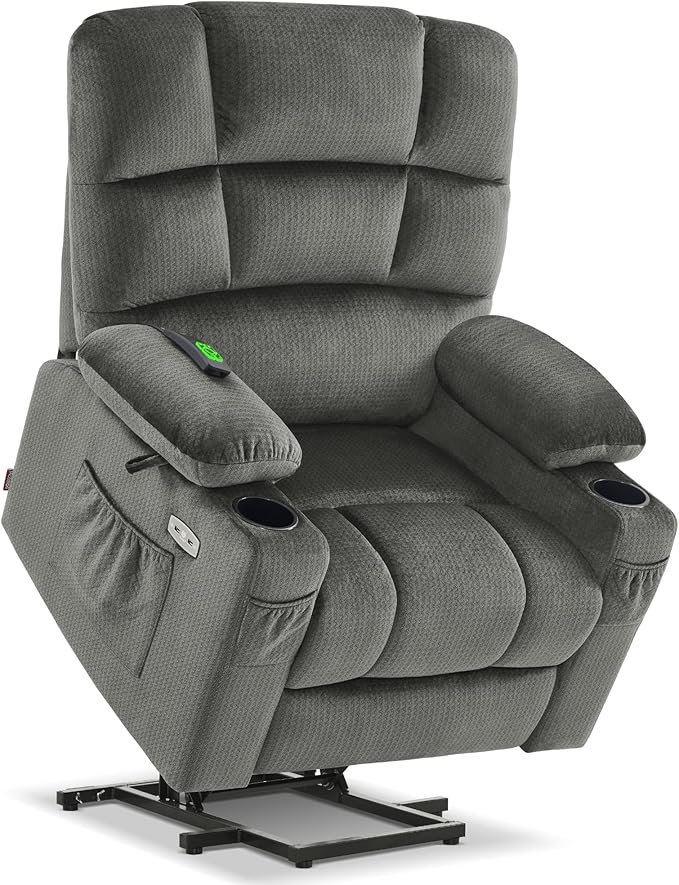 MCombo Dual Motor Power Lift Recliner Chair with Massage and Heat for Elderly People, Infinite Position, USB Ports, Cup Holders, Fabric 7679 (Medium, Grey)