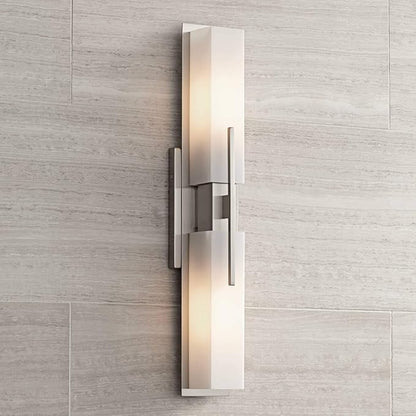 Possini Euro Design Midtown Mid Century Modern Wall Mount Light Brushed Nickel Silver Metal 23 1/2" Wide 2-Light Vanity Fixture Rectangular White Glass Decor for Bathroom Over Mirror House Home