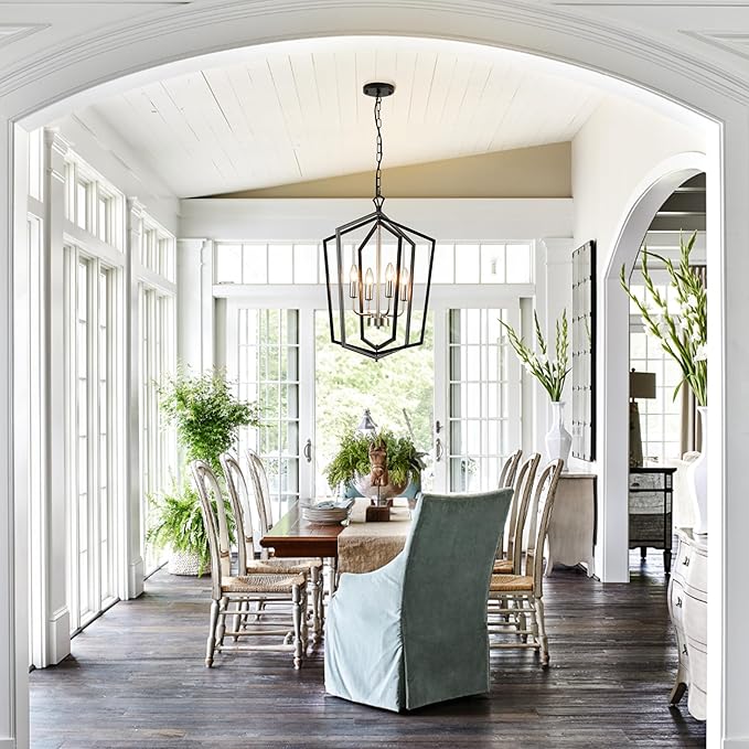 4-Light Farmhouse Chandelier for Dining Room, Modern Foyer Lighting Fixture, 18.1" Lantern Pendant Light, Kitchen Island Hanging Pendant Light Fixture, for Bedroom, Entryway Hallway