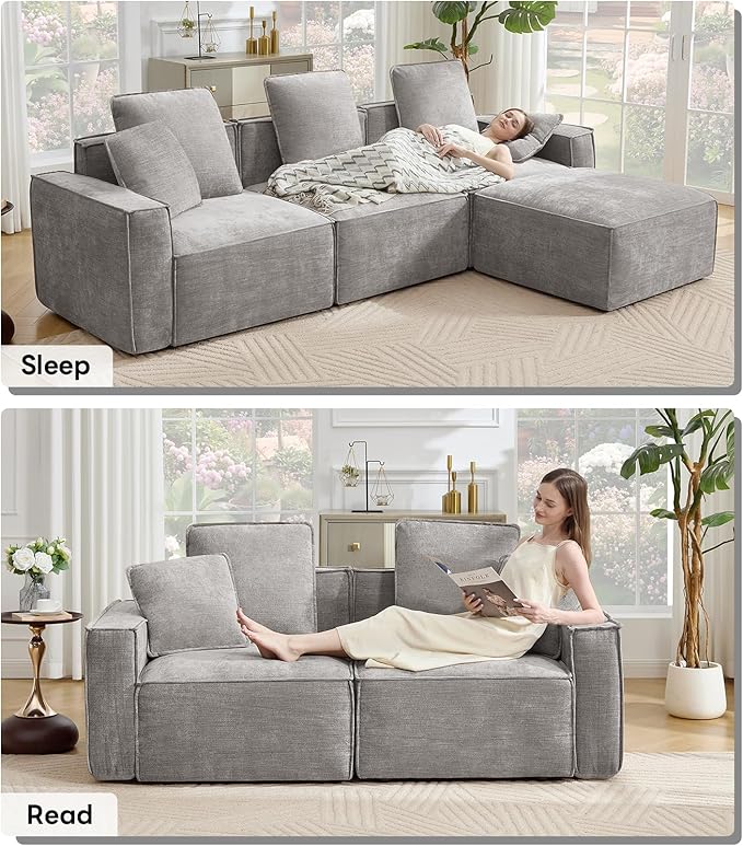 WILLOVE 109'' Modular Sectional Sofa, Chenille Cloud Couch with Wide Armrests & 5 Pillows, Deep Seat Couches for Living Room, Grey