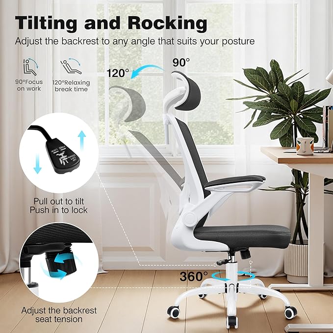 Ergonomic Office Chair, Computer Desk Chair Comfy with Adjustable Headrest, Lumbar Support, Flip-up Armrests, Gaming Chairs for Long Hours, White