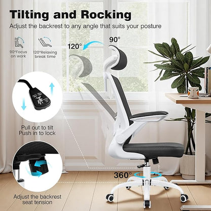 Ergonomic Office Chair, Computer Desk Chair Comfy with Adjustable Headrest, Lumbar Support, Flip-up Armrests, Gaming Chairs for Long Hours, White