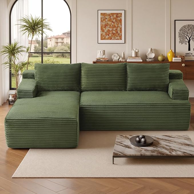 96''Sectional Couches for Living Room,Modern Modular Sectional Sofa,Upholstered Boneless Couch with Pockets,Comfy Cloud Couch with L Shaped Chaise(Green, 96''W Left Facing Chaise)
