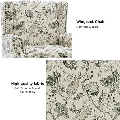 Accent Chair, Upholstered High Back Floral Armchair with Nailhead Trim & Wood Legs, Comfy Wingback Reading Single Sofa Chair for Small Spaces, Living Room, Bedroom ( Plants Beige Floral, Set of 1)