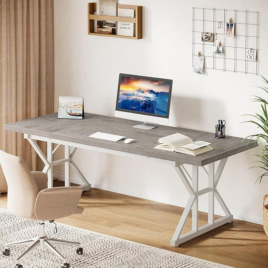 Tribesigns 70.86-Inch Large Executive Desk, Industrial Home Office Computer Desk, Simple Long Writing Study Table Business Furniture (Grey/White)