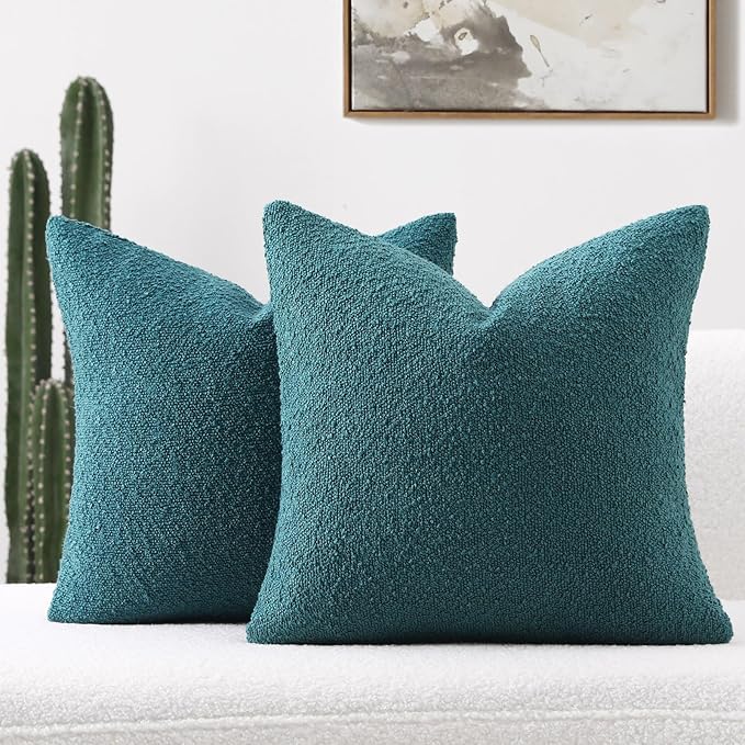FUTEI Pack of 2 Teal Green Decorative Throw Pillow Covers 20x20 Inch Soft Cozy Solid Boucle Textured Cushion Case,Modern Home Decor for Couch Bed Living Room