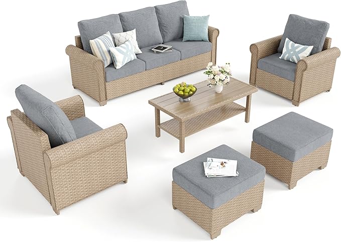 Patio Furniture Set 6 pcs, Wicker Rattan Outdoor Furniture with 5.5” Thick Cushions, 3-Seat Sofa, 2 Chairs, 2 Ottomans and Coffee Table, Outdoor Conversation Set for Garden Backyard Deck, 7 Seats Grey