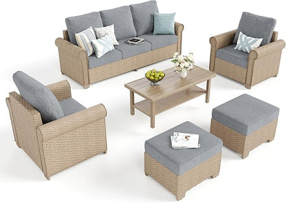 Patio Furniture Set 6 pcs, Wicker Rattan Outdoor Furniture with 5.5” Thick Cushions, 3-Seat Sofa, 2 Chairs, 2 Ottomans and Coffee Table, Outdoor Conversation Set for Garden Backyard Deck, 7 Seats Grey