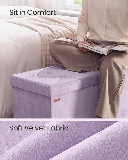SONGMICS Mazie Collection - Storage Ottoman Bench, Foldable Foot Rest, 15 x 43 x 15 Inches, End of Bed Bench, Storage Chest, Load 660 lb, Living Room, Bedroom, Entryway, Light Lilac ULSF277P01