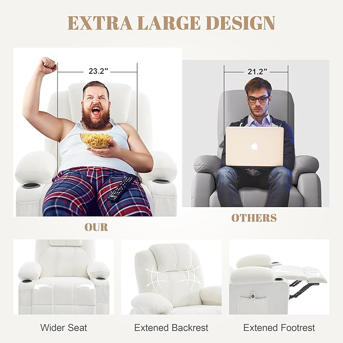 Oversized Swivel Rocker Recliner Chair with Heat and Massage, Large Big Recliner Chair for Living Room, 360 Degree Swivel Rocking Single Sofa with Cup Holders and USB Port(Teddy, White)