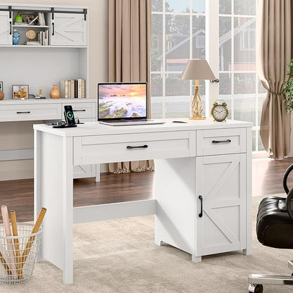 Farmhouse 47" Executive Desk, Computer Desk with Drawers and Storage Cabinet, Workstation Computer Desk for Home Office, Study.Cream White