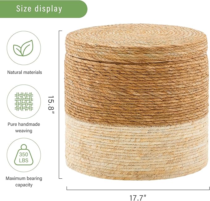 Wimarsbon 18'' Ottoman Pouf, Natural Braided Poof, Rustic Handweave Lounge Pouffe, Boho Footrest Stool for Bedroom, Accent Table for Living Room (Stoage - 18inch Cattail+Beige Corn Husk L)