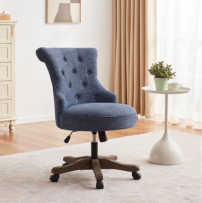 Home Office Chair Adjustable Height Swivel Chair with Wheels Linen Fabric Upholstered Computer Desk Chair with Wooden Legs Comfortable Armless Chair for Home Office Study Studio(Blue)