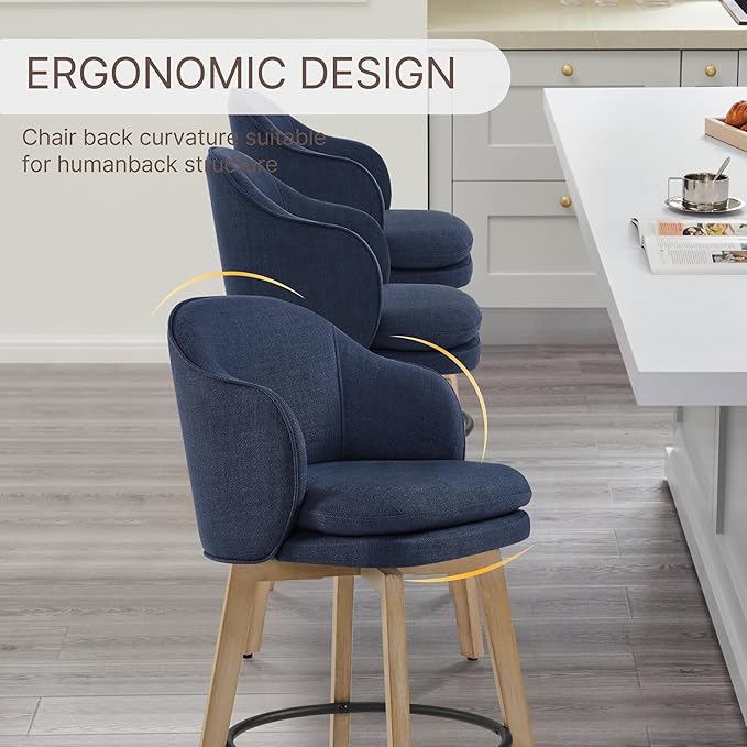 Counter Height Barstools 26 inch Upholstered Swivel Bar Stools with Back and Wood Legs for Kitchen Island,Set of 1,Blue Fabric