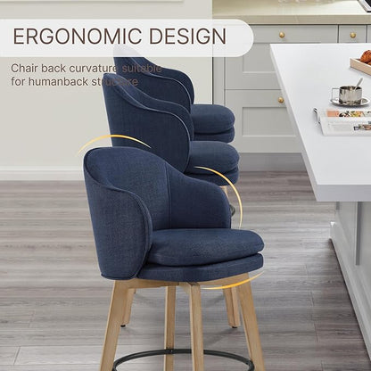 Counter Height Barstools 26 inch Upholstered Swivel Bar Stools with Back and Wood Legs for Kitchen Island,Set of 3,Blue Fabric