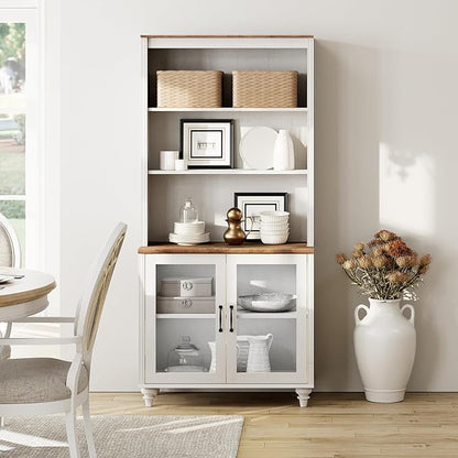 WAMPAT 5 Tier Farmhouse Bookshelf 72" Tall Bookcase with Doors, Large Display Book Shelf with Adjustable Shelves and Storage Cabinet Wood Bookshelves for Living Room & Study Room & Bedroom, White
