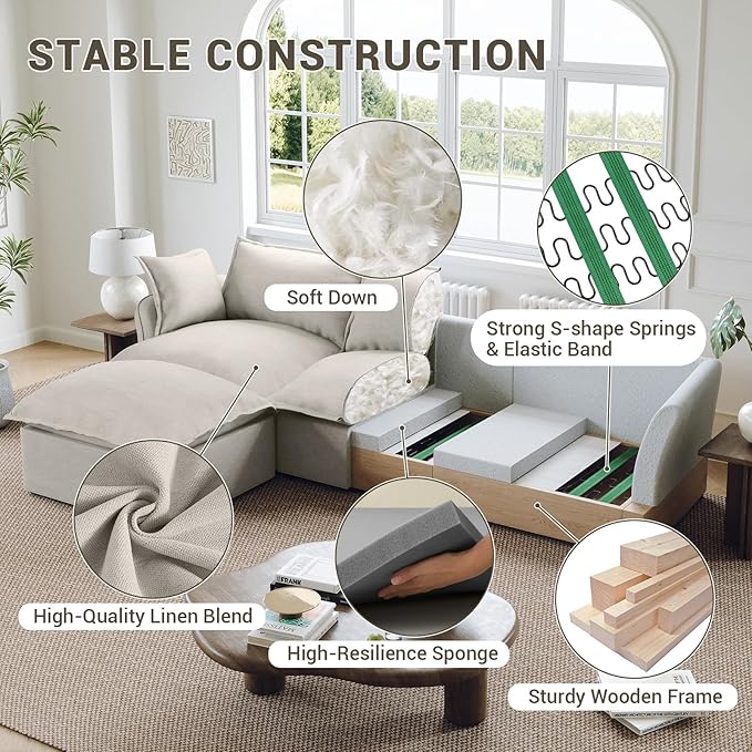 Oversized Cloud Modular Sectional Sofa, Comfy Down Filled Cloud Couch with Removable Cover, L Shaped 4 Seat Couch with Ottoman, Deep Seat Sectional Couches for Living Room, Light Gray