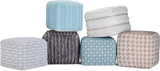 SIMPLIHOME Noreen Boho Square Pouf in Light Blue, White Handloom Woven Pattern for the Living Room, Bedroom and Kids Room