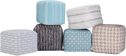 SIMPLIHOME Noreen Boho Square Pouf in Light Blue, White Handloom Woven Pattern for the Living Room, Bedroom and Kids Room