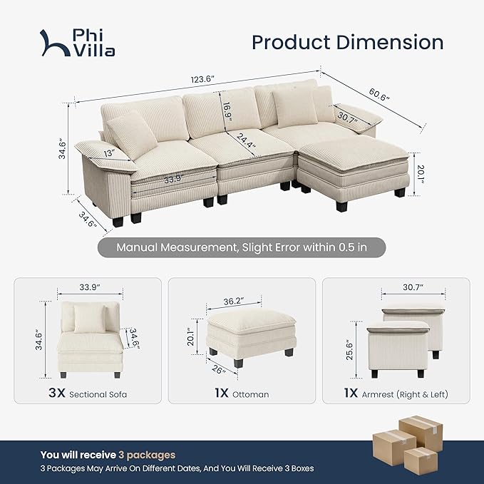 PHI VILLA Cloud Modular Couch Sets, 123.6" Sectional Sofa with L-Shaped Chaise, 4-Seater Upholstered Couches with Movable Ottoman for Living Room, Corduroy Fabric, Beige