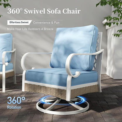 6 Piece Metal Outdoor Patio Furniture Set, Patio Conversations Sets 3-Seater Sofa, 2-Seater Sofa, 2 Swivel Chair with 5.75" Thick Cushion & Coffee Table White Backyard Furniture, Blue