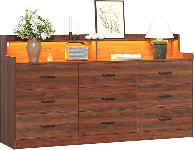 Bigbiglife 9 Drawer Dresser with Built in Power Outlet and LED Light, Modern Chest of Drawers for Bedroom, Triple Wide Drawer Organizer Cabinet for Living Room, Entryway, Hallway, Walnut Brown