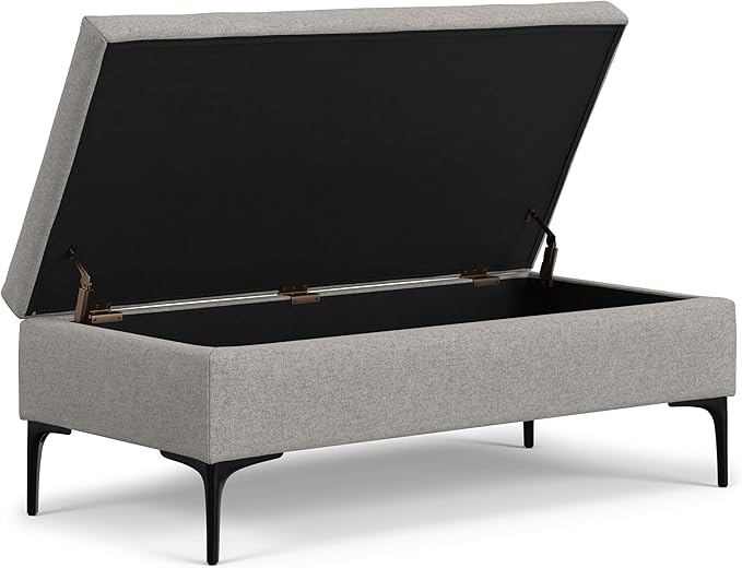 SIMPLIHOME Rebecca 48 inch Wide Mid Century Modern Rectangle Large Coffee Table Storage Ottoman with Lift up Lid in Cloud Grey Polyester , Assembled, For the Living Room, Entryway and Family Room