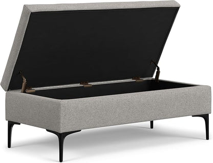 SIMPLIHOME Rebecca 48 inch Wide Mid Century Modern Rectangle Large Coffee Table Storage Ottoman with Lift up Lid in Cloud Grey Polyester , Assembled, For the Living Room, Entryway and Family Room