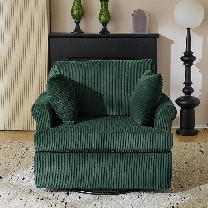 Karl home 39" Swivel Accent Chair,Oversized Seat Armchair W/2 Pillows and 4 Pockets,Modern Upholstered Corduroy Barrel Chairs,Comfy Single Sofa for Living Room,Reading,Bedroom and Office-Dark Green