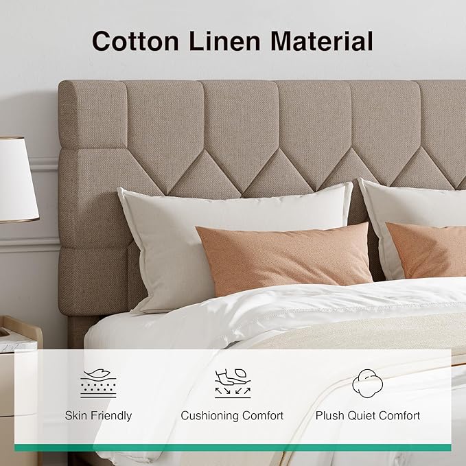 Novilla Full Size Bed Frame, Full Bed Frame with Wood Slats Support, Linen Upholstered Pull-Point Headboard, No Box Spring Needed, Heavy Duty Feet, Easy Assembly, Beige