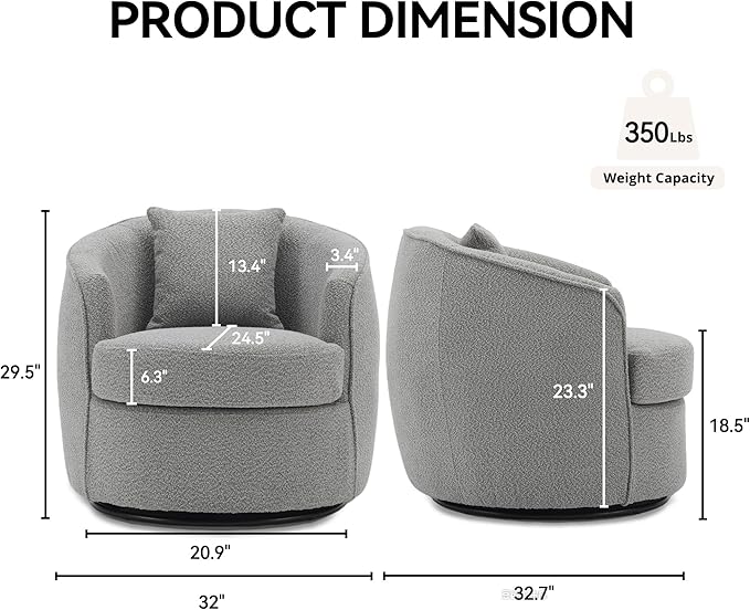 Swivel Accent Chair, Modern Upholstered Boucle Barrel Arm Chairs with Pillow for Living Room, 360 Degree Round Swivel Sherpa Armchair with Round Base for Bedroom Club (1, Grey)