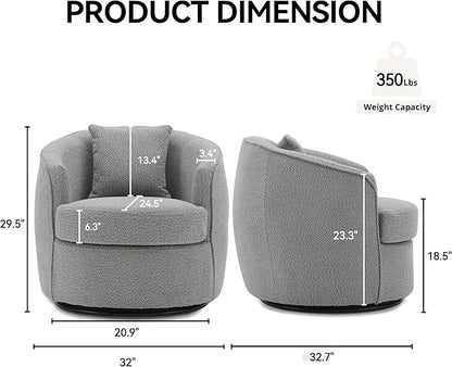 Swivel Accent Chair, Modern Upholstered Boucle Barrel Arm Chairs with Pillow for Living Room, 360 Degree Round Swivel Sherpa Armchair with Round Base for Bedroom Club (1, Grey)