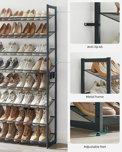 SONGMICS Shoe Rack, 8-Tier Shoe Organizer, Metal Rack for Garage, Set of 2, 4-Tier Stackable Shelf, with Adjustable Flat or Angled Shelves, 32-40 Pairs, Charcoal Gray ULMR08GB