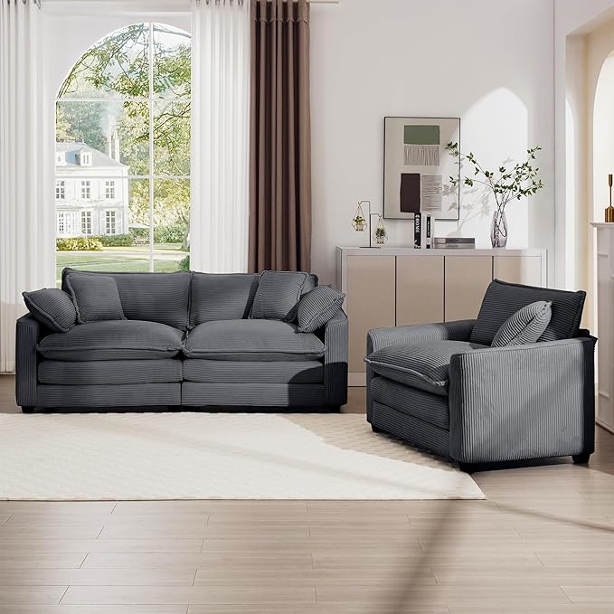 mikibama Luxury 2 Piece Sofa Set, Loveseat Couch & Sofa Armchair Set, Modern Corduroy Comfy Cloud Couches Set for Living Room Office with 2 Armrest Pillows and 3 Toss Pillows, Grey