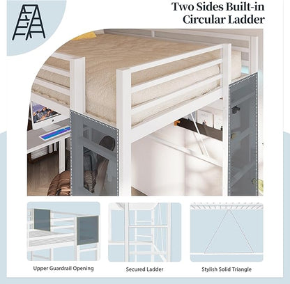 SUNLEI Metal Twin Loft Bed with Desk, Twin Size Loft Bed with 2 Built-in Ladders & Safety Guard, Noise Free for Small Bedroom, Matte White