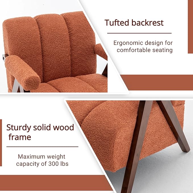 Mid Century Modern Accent Chair with Solid Wood Frame, Boucle Upholstered Living Room Chairs with Thick Cushion, Comfy Tufted Arm Chair for Bedroom, Orange