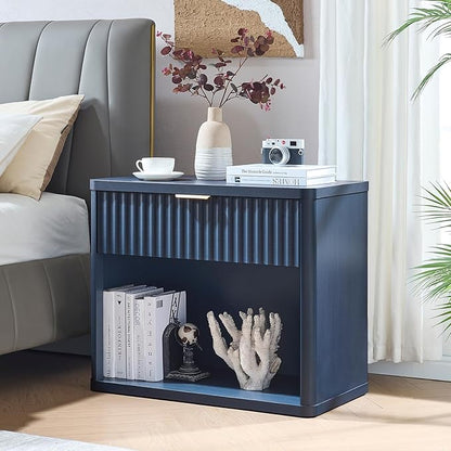 LEYAOYAO 31" Wide Fluted Nightstand with Charging Station, Oversized Extra Large 1 Drawer Night Stand with Golden Handle, Blue Wood Bedside Table Tall End Tables,for Bedroom, Living Room, Hallway