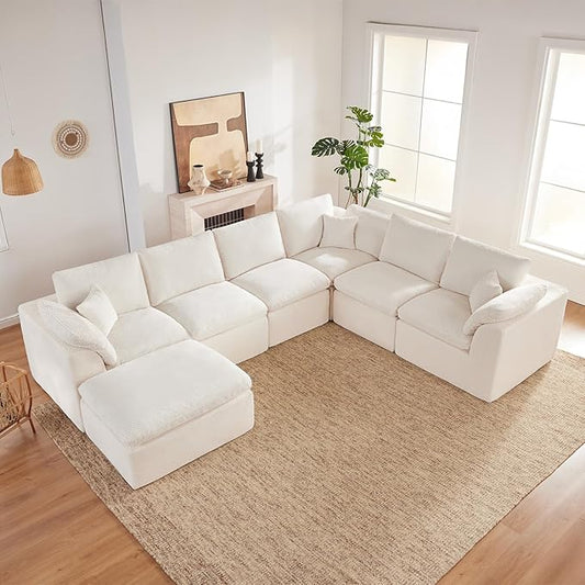 143" Cloud Sectional Couch, Boneless couches for Living Room, 7 Seater Large Modular Sectional Sofa with Deep Seat, Comfy Soft Cushions, No Assembly, Beige