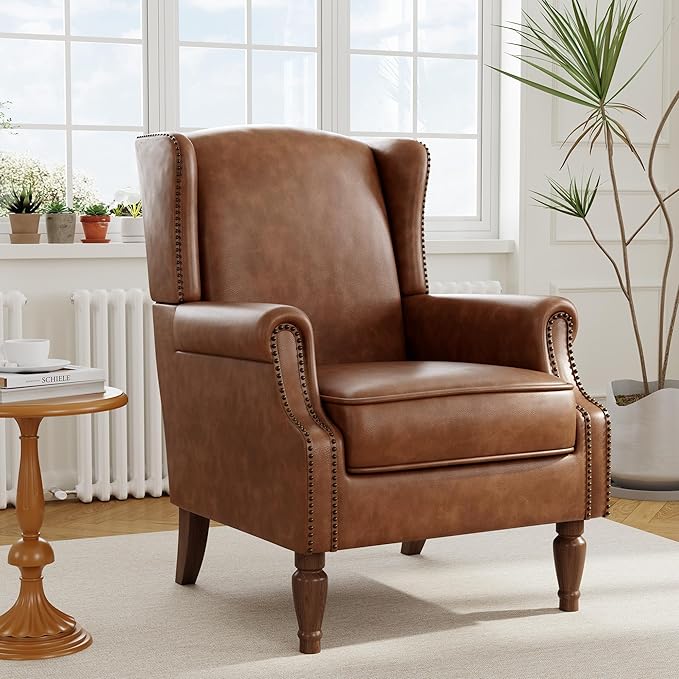 Accent Chair Set of 2, Upholstered Leather High Back Armchair with Nailhead Trim & Wood Legs, Comfy Wingback Reading Single Sofa Chair for Small Spaces, Living Room, Bedroom-Leather Brown, 2 SEAT