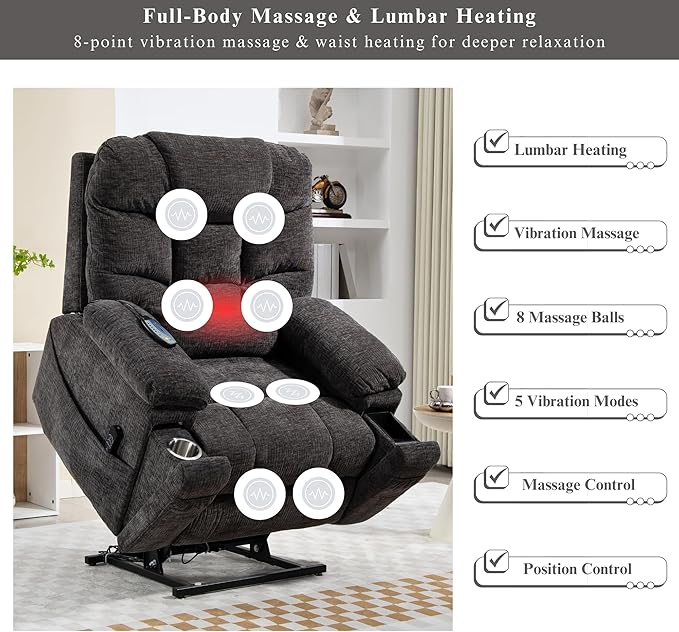 Power Lift Recliner for Elderly Adults, Dual Motor Lay Flat Lift Chair with Heat Massage, Cup Holder & Wireless Phone Charger, USB Type C Charging, Big Tall 400 lbs